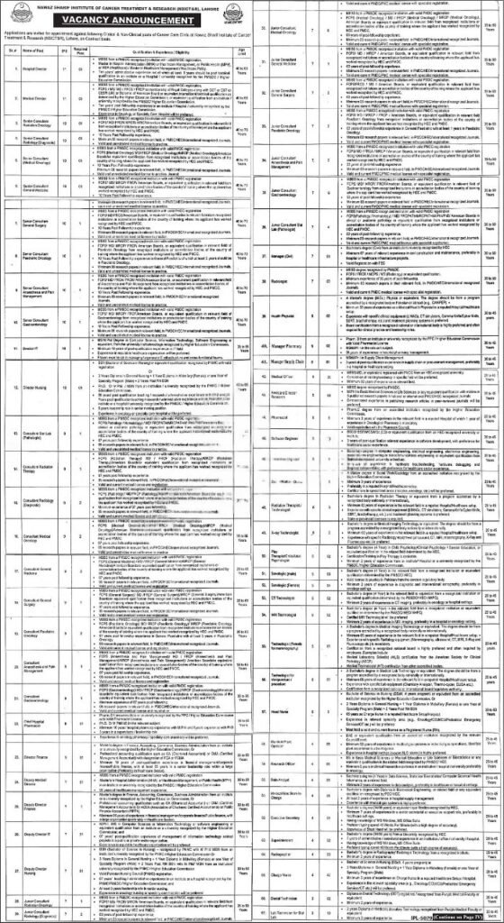 Nawaz Sharif Institute of Cancer Treatment & Research (NSICT&R) Lahore Jobs 2026 ADVERTISEMENT