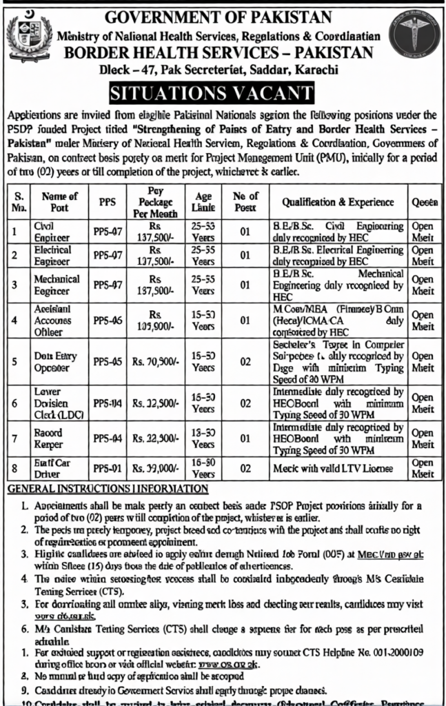 Border Health Services Pakistan Jobs advertisement 2026