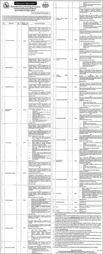 DG Monitoring & Evaluation Punjab Jobs 2026 Government recruitment software programmer database administrator infrastructure engineer Lahore Pakistan