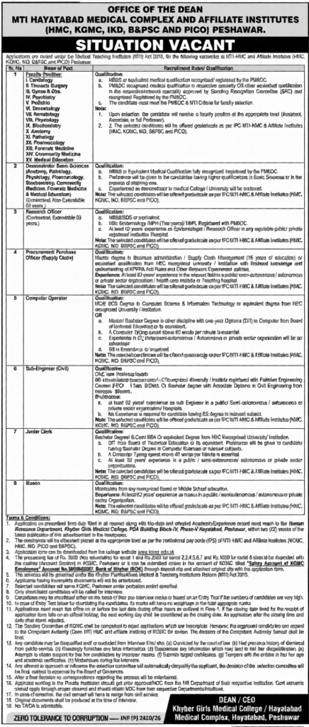 MTI HMC Peshawar Jobs 2026 advertisement for faculty, computer operator, clerk and research officer vacancies