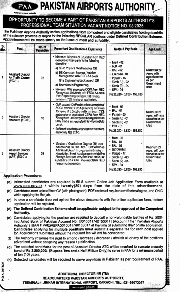 Pakistan Airports Authority Jobs 2026 advertisement for Assistant Director ATC Accounts and Airport Services vacancies