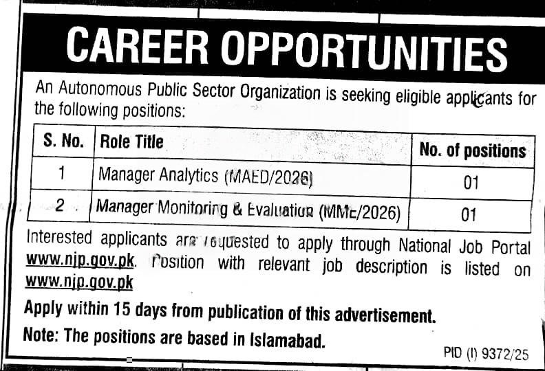 Manager Analytics and Monitoring Jobs 2026 advertisement Pakistan government APSO Islamabad NJP portal vacancies