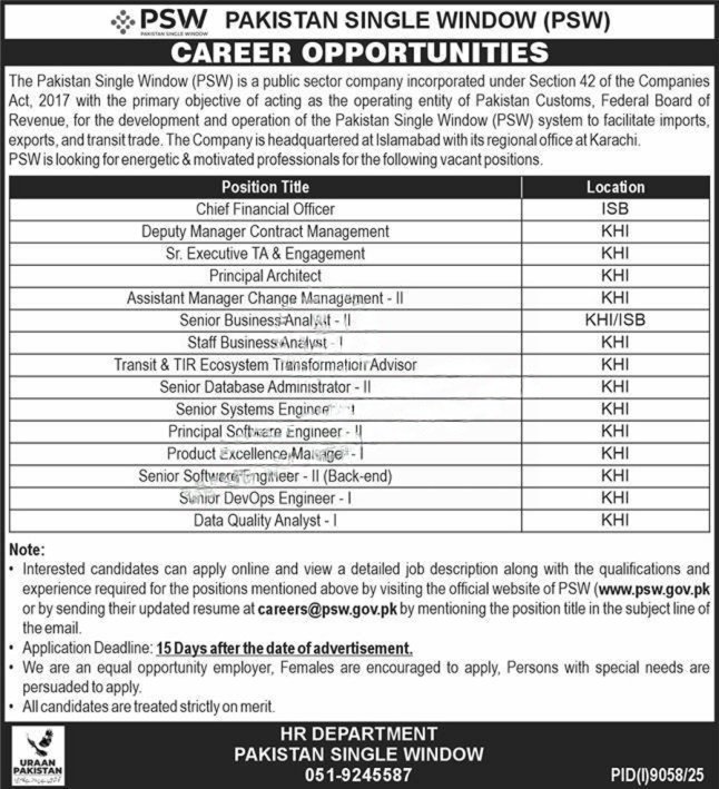 PSW Pakistan Single Window Jobs 2026 advertisement