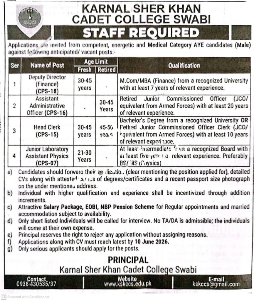 Karnal Sher Khan Cadet College Swabi Jobs 2026 latest administrative and laboratory staff vacancies advertisement