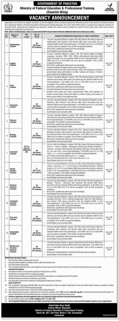 Ministry of Federal Education Daanish School Jobs 2026 Islamabad Teaching Staff Advertisement