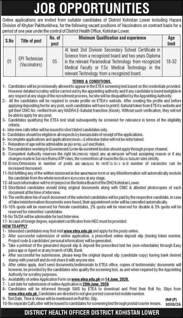 DHO Kohistan Lower Vaccinator Jobs 2026