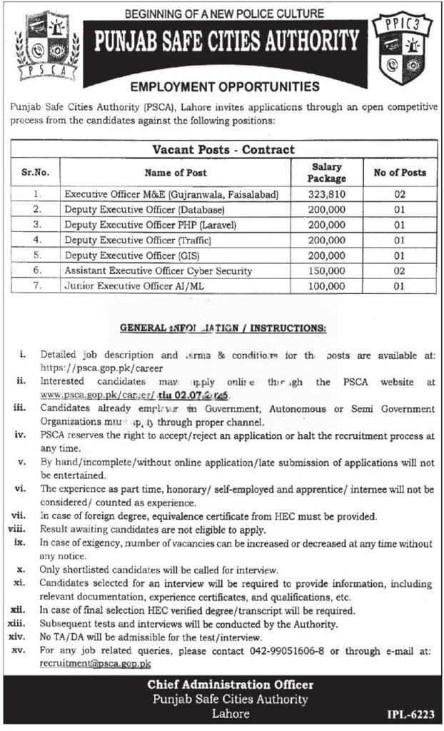Punjab Safe Cities Authority PSCA Jobs 2026 Advertisement