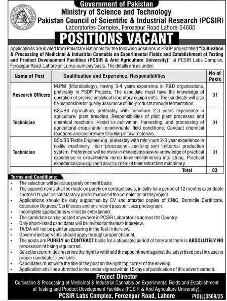 PCSIR Lahore Jobs 2026 advertisement