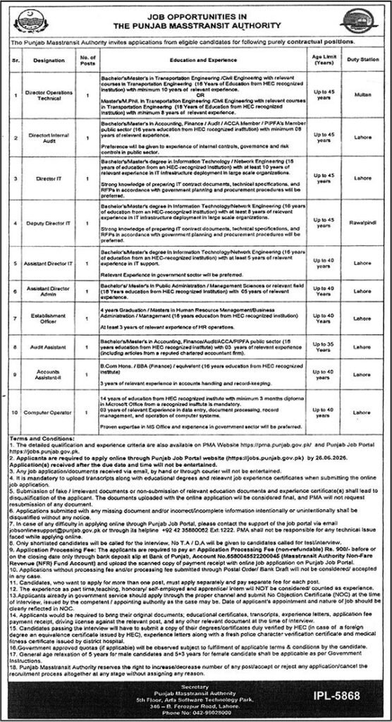 Punjab Masstransit Authority Jobs 2026 Advertisement