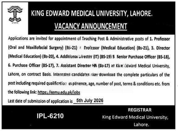 King Edward Medical University Lahore Jobs 2026 Advertisement