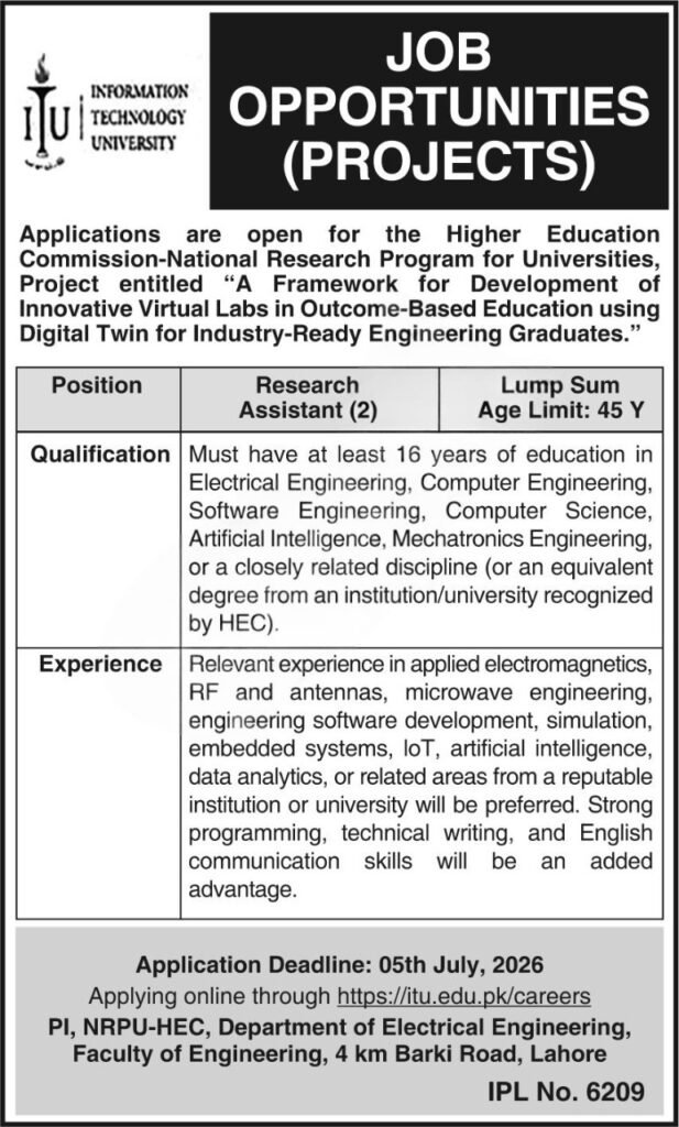 ITU Lahore Research Assistant Jobs 2026
