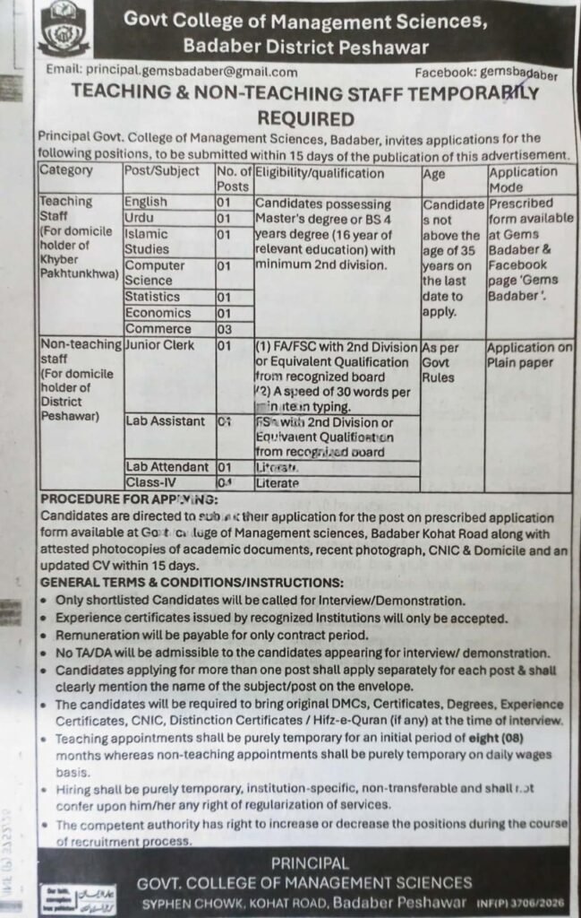 Govt College of Management Sciences Badaber Jobs 2026 advertisement for Teaching and Non-Teaching Staff vacancies in Peshawar