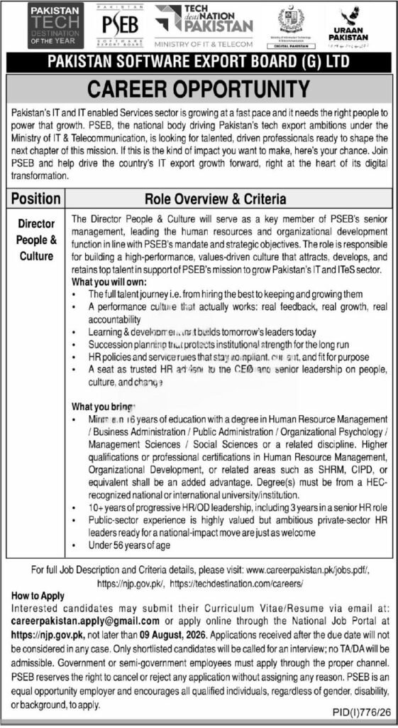 PSEB Director People & Culture Jobs 2026 Apply Online via NJP