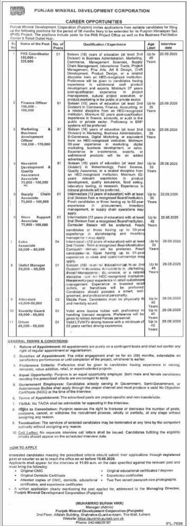Punjab Mineral Development Corporation PUNJMIN Jobs 2026 official advertisement for Punjmin Himalayan Salt PHS Project career opportunities.