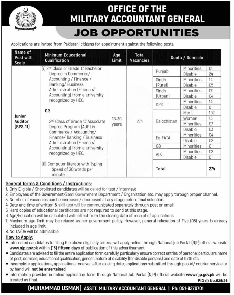 Office of the Military Accountant General Jobs 2026 Junior Auditor BPS-11 Apply Online via NJP