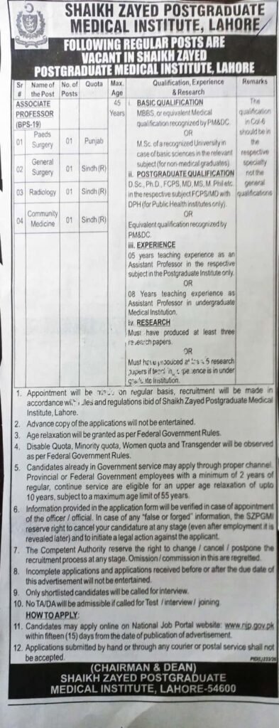 Shaikh Zayed Postgraduate Medical Institute Lahore Jobs 2026 advertisement for Associate Professor BPS-19 vacancies through National Job Portal.