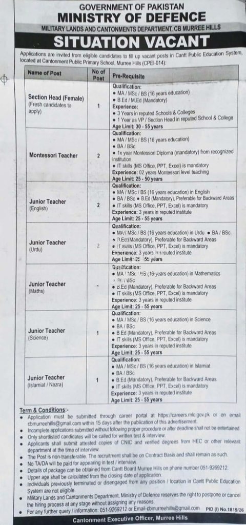 Military Lands and Cantonments Department Jobs 2026 advertisement 