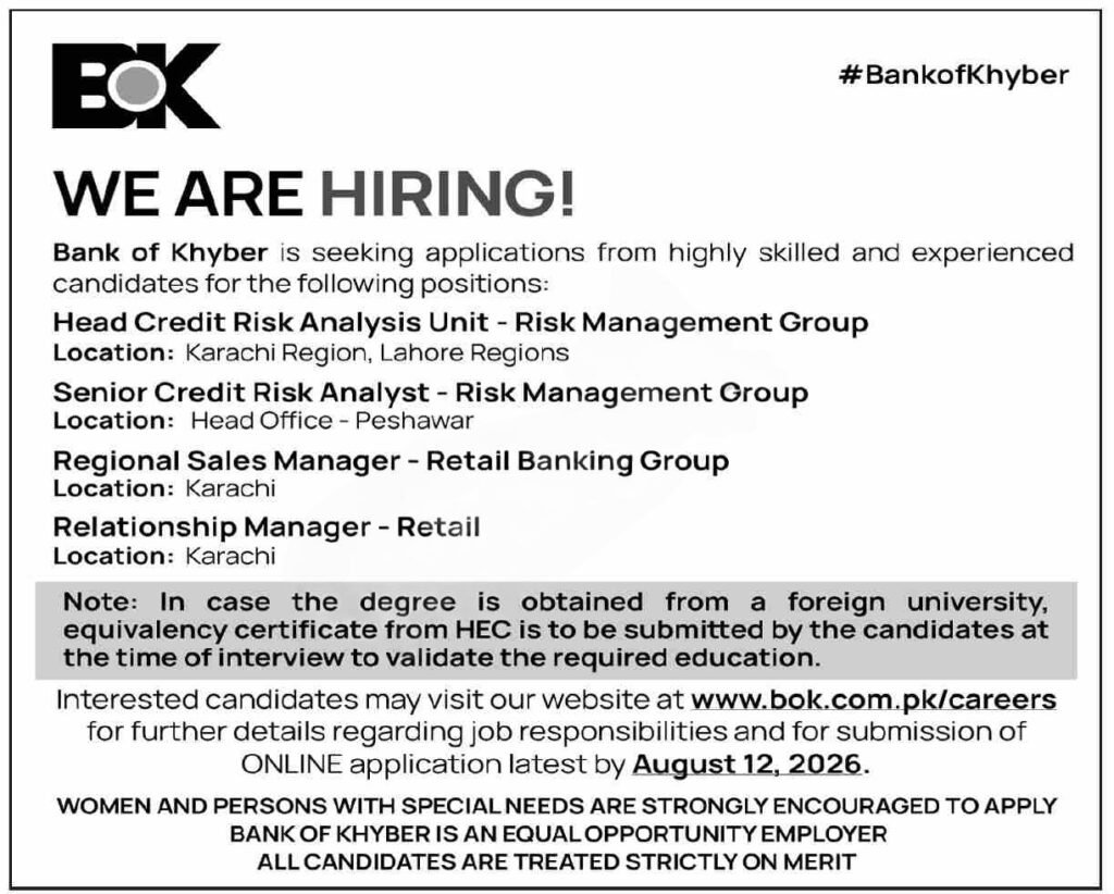 Bank of Khyber Jobs 2026 advertisement for Risk Management and Retail Banking vacancies