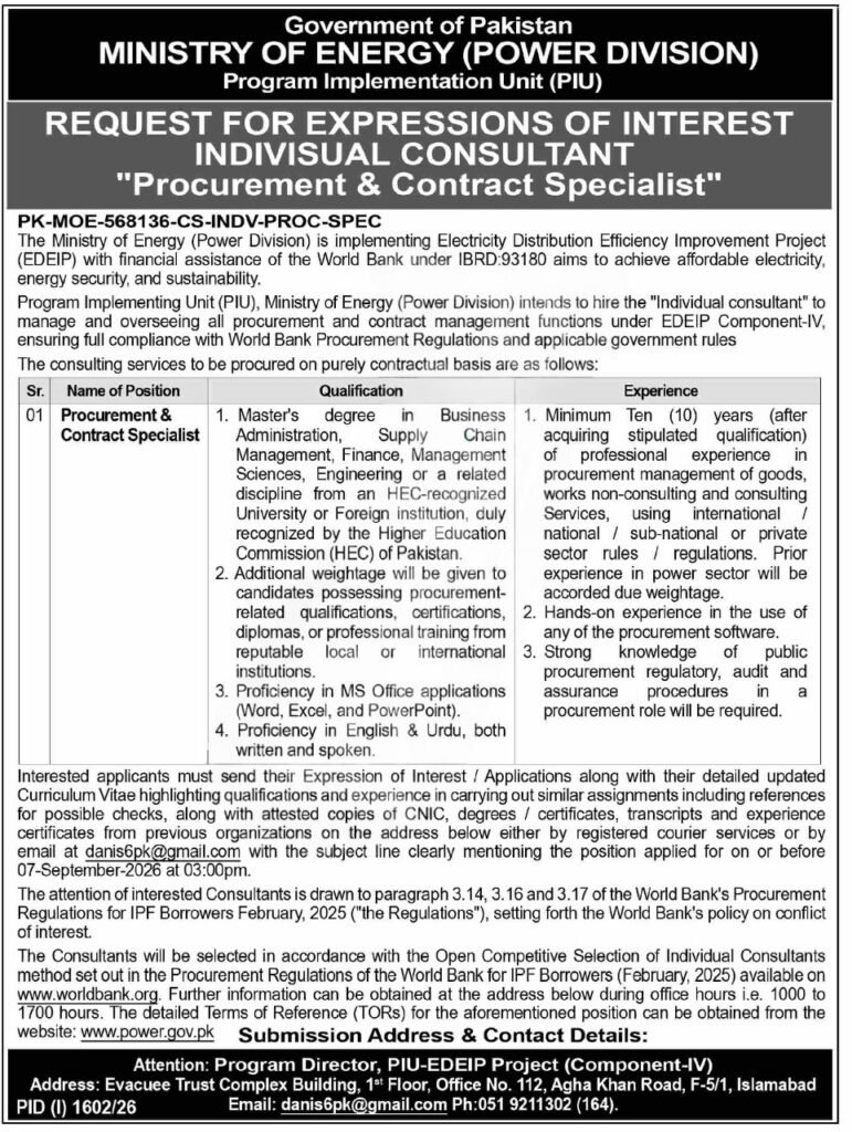 Procurement & Contract Specialist Jobs 2026 in Ministry of Energy Pakistan advertisement
