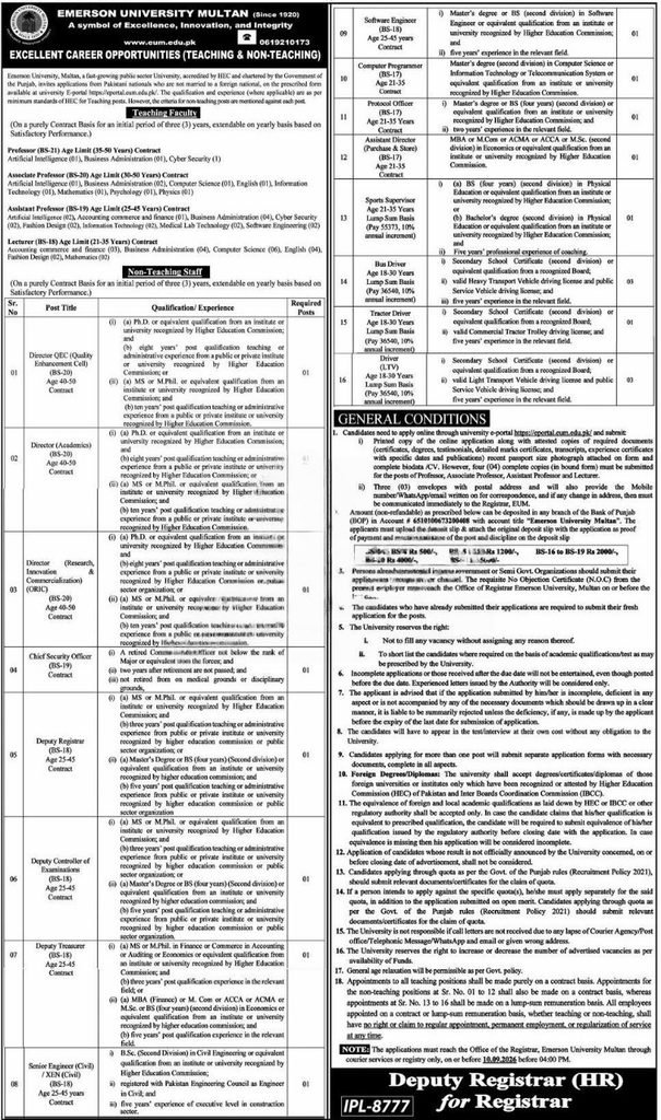Emerson University Multan Jobs 2026 advertisement