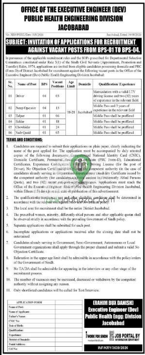 Public Health Engineering Division Jacobabad Jobs 2026 advertisement for BPS-01 to BPS-04 vacancies