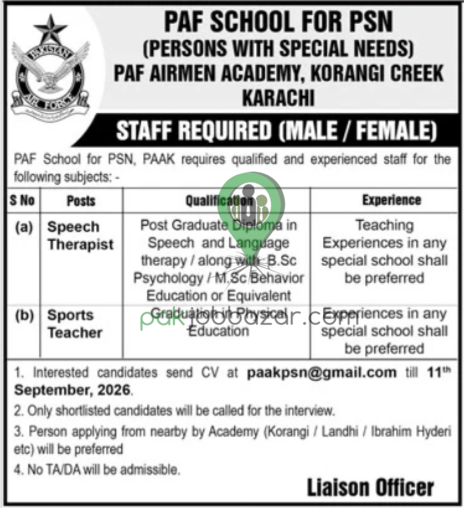 PAF School for PSN Jobs 2026 Speech Therapist and Sports Teacher advertisement