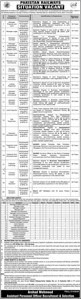 Pakistan Railways Jobs 2026 Land Management vacancies advertisement