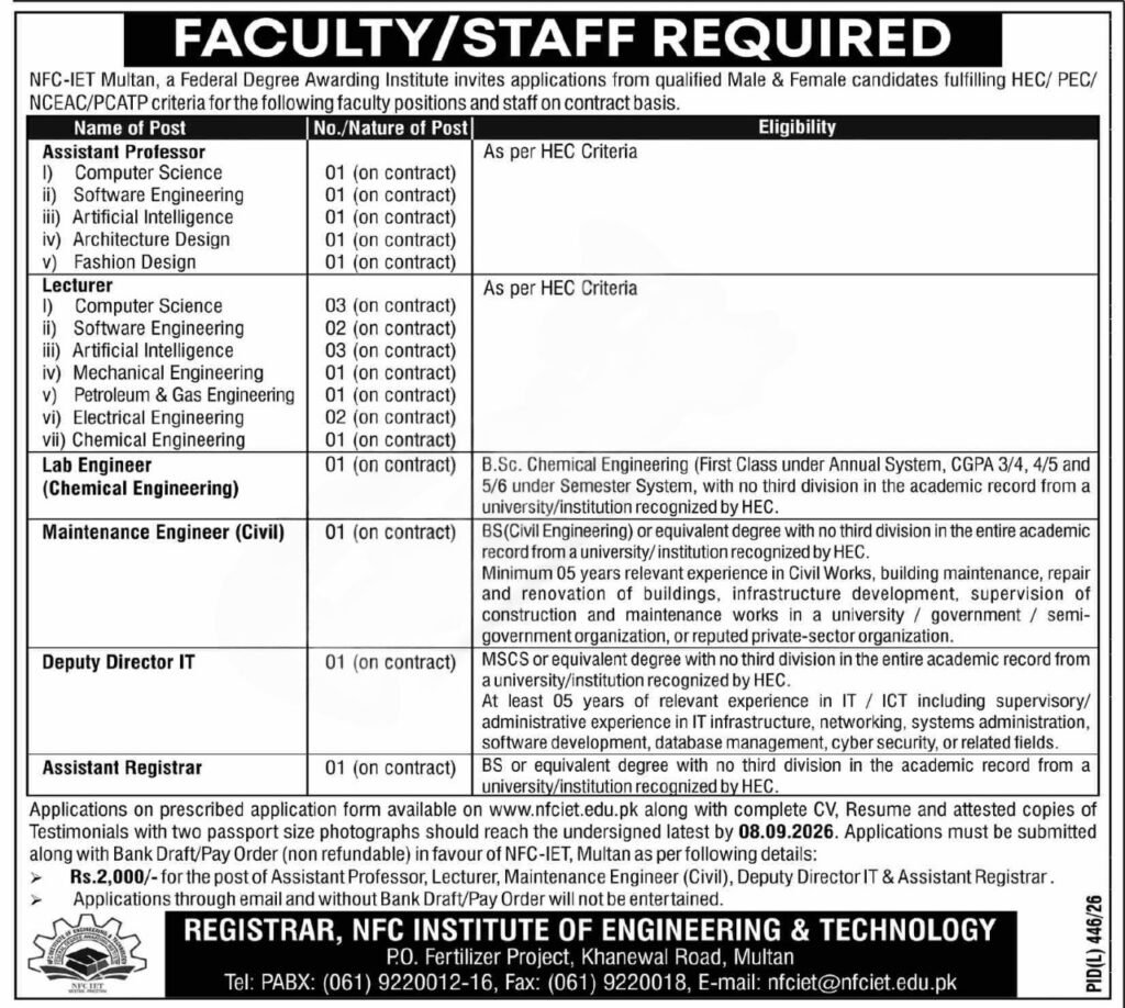 NFC-IET Multan Jobs 2026 Faculty and Staff Vacancies