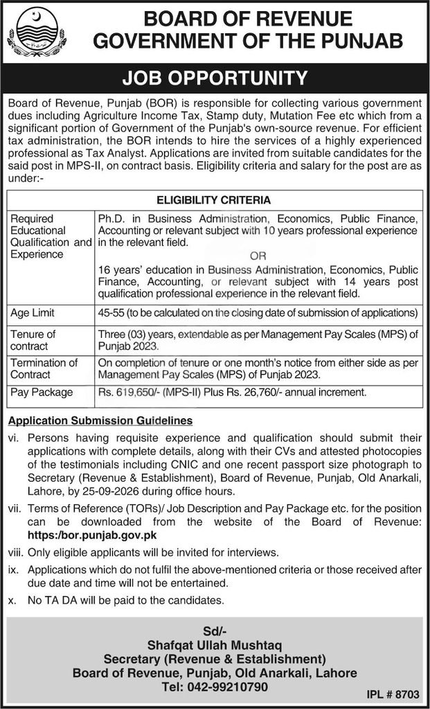 Board of Revenue Punjab Jobs 2026 Tax Analyst
