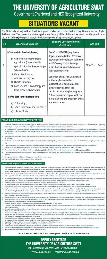 University of Agriculture Swat Jobs 2026 Lecturer vacancies advertisement