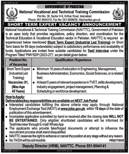 NAVTTC Short Term Expert Jobs 2026 Apply Online