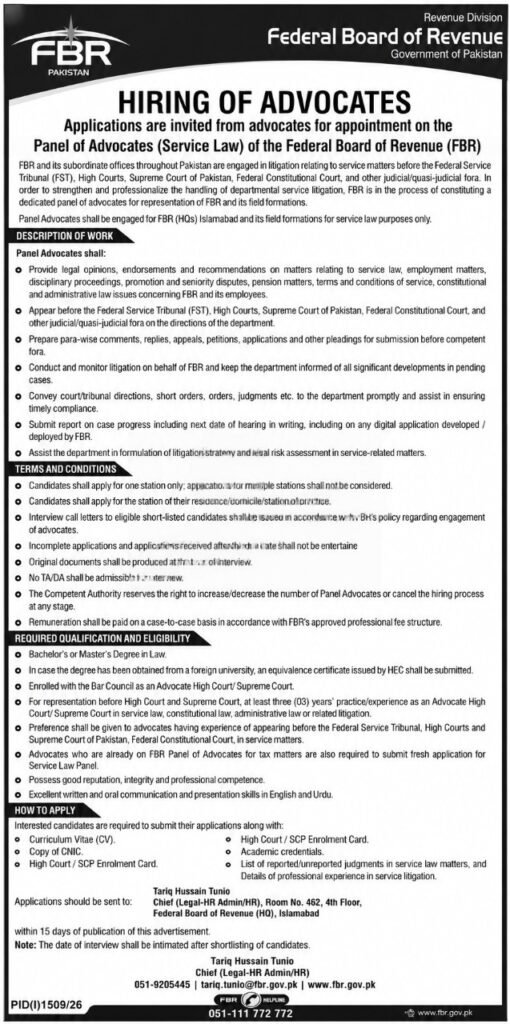 FBR Jobs 2026 Hiring of Advocates for Service Law Panel