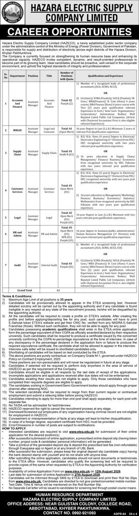 HAZECO Jobs 2026 Assistant Manager vacancies in Abbottabad 