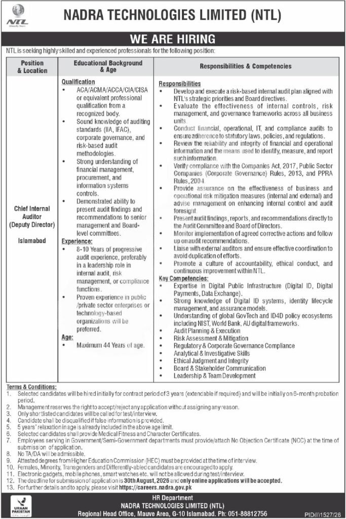 NADRA Technologies Limited Jobs 2026 Chief Internal Auditor Apply Online