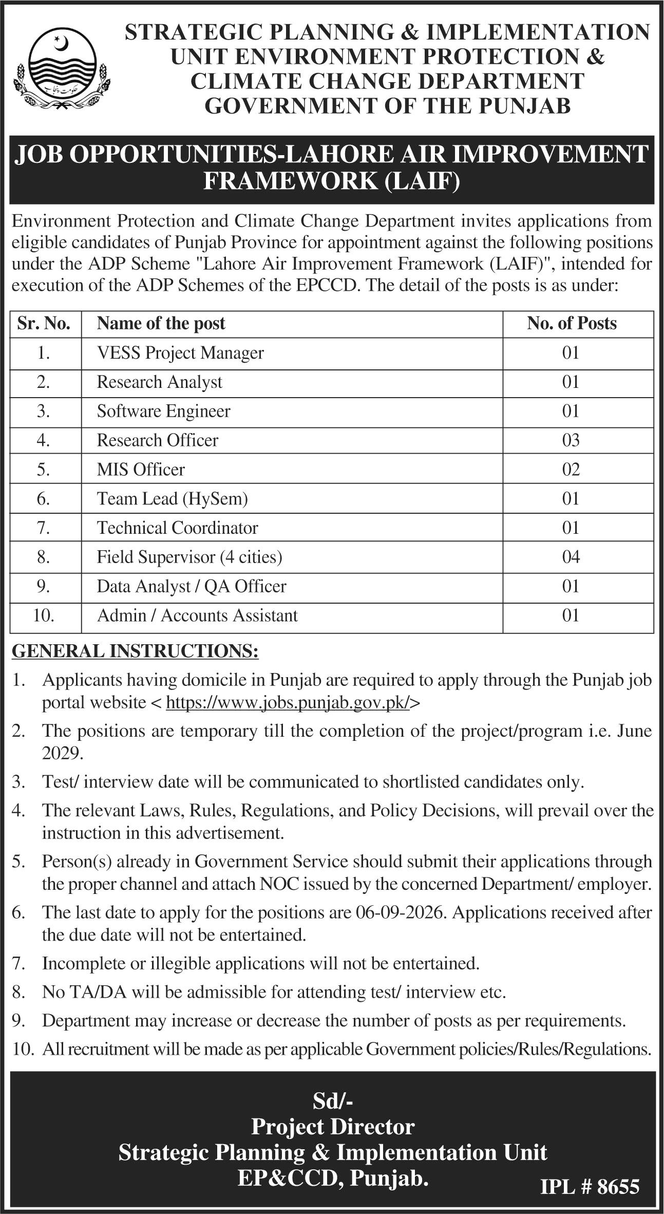 Lahore Air Improvement Framework LAIF Jobs 2026 advertisement