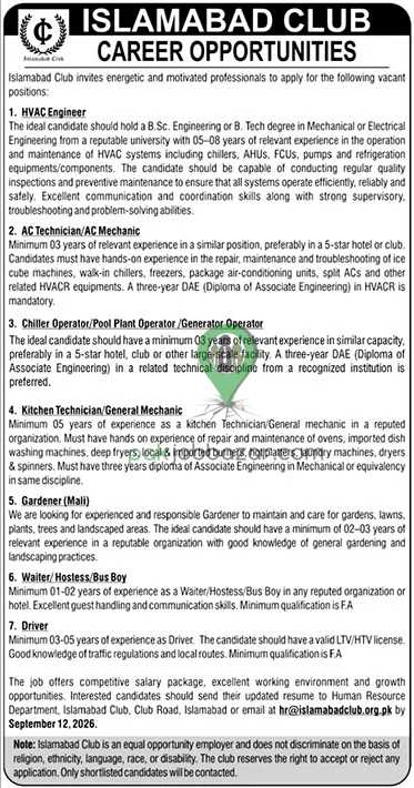 Islamabad Club Jobs 2026 career opportunities advertisement