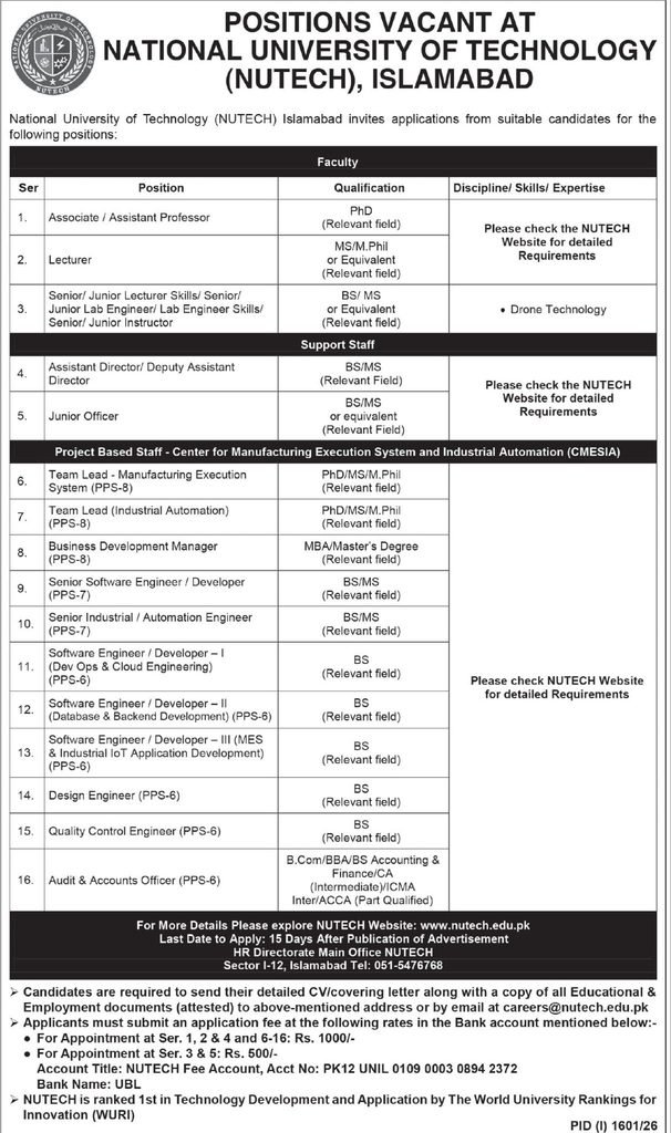NUTECH Jobs 2026 – Faculty Engineering and IT Jobs