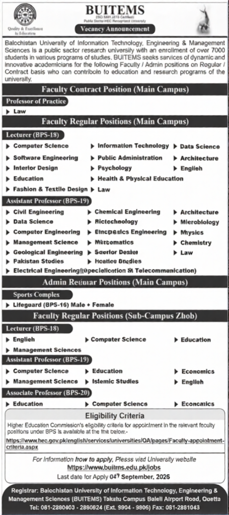 BUITEMS Jobs 2026 Faculty and Admin Vacancies Quetta Zhob Advertisement