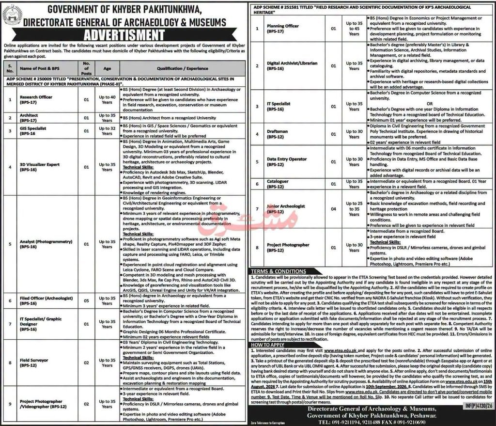 Directorate General of Archaeology & Museums Jobs 2026 advertisement