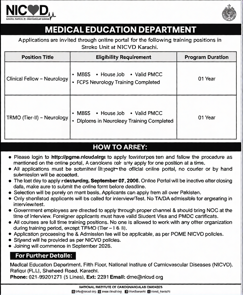 NICVD Karachi Jobs 2026 Clinical Fellow Neurology and TRMO Neurology