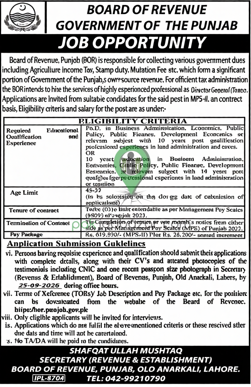 Board of Revenue Punjab Jobs 2026 Director General Taxes