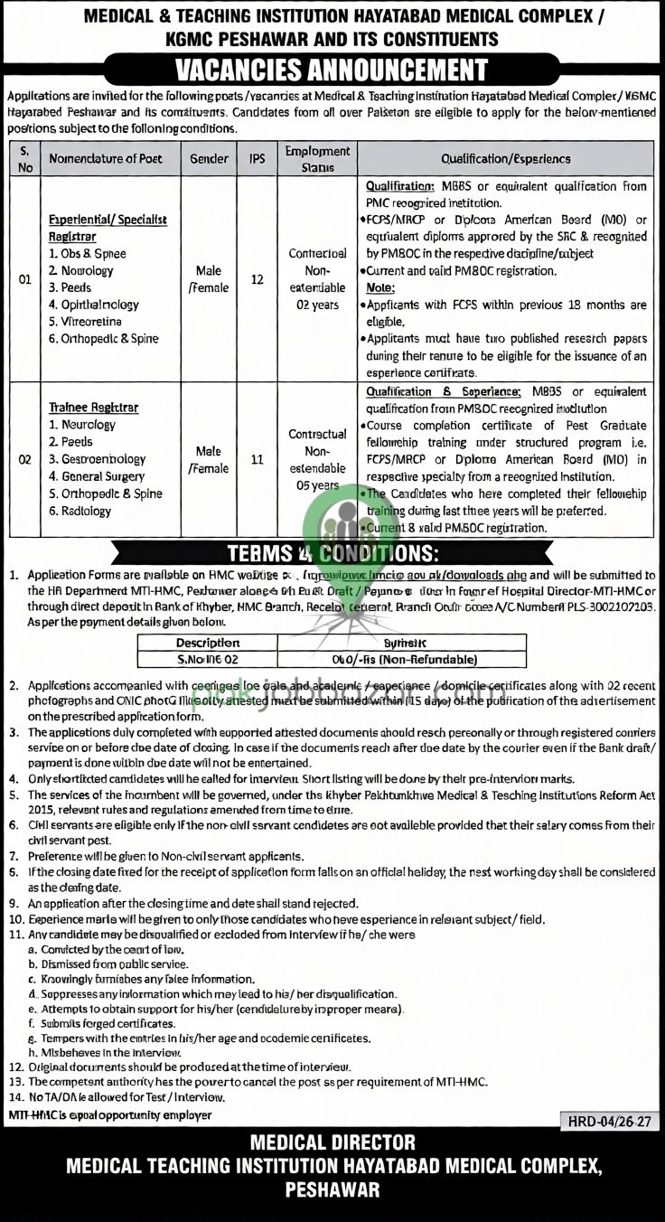 Medical Teaching Institution HMC Peshawar Jobs 2026 Registrar vacancies advertisement
