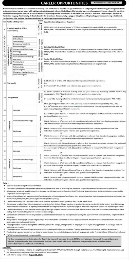 Public Sector Hospital Jobs 2026 advertisement for medical, nursing, pharmacy and technical positions in Rawalpindi Islamabad