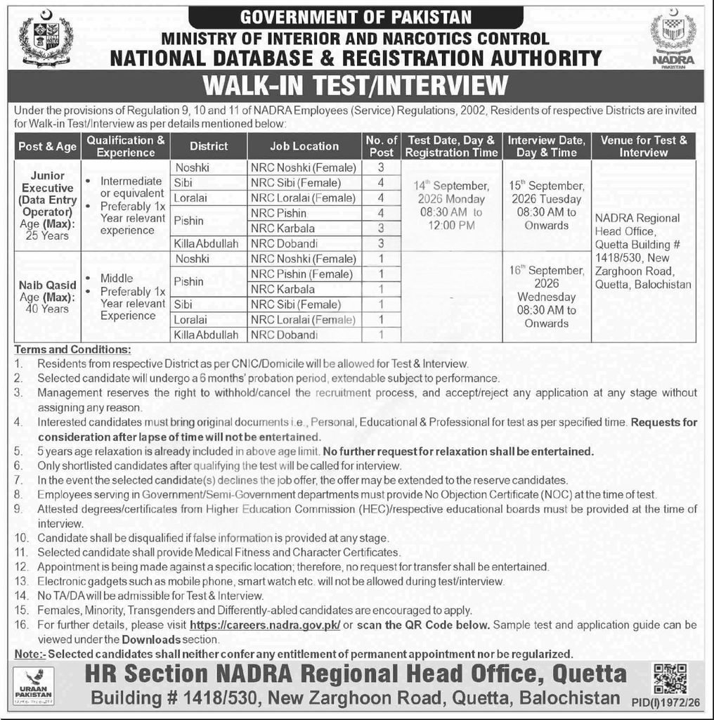 NADRA Jobs 2026 Junior Executive and Naib Qasid advertisement