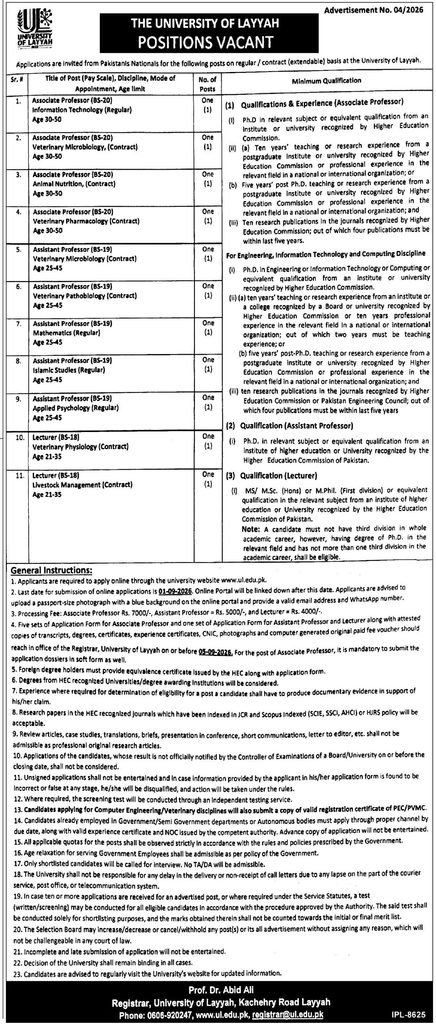 University of Layyah Jobs 2026 – Associate Professor Assistant Professor Lecturer Vacancies