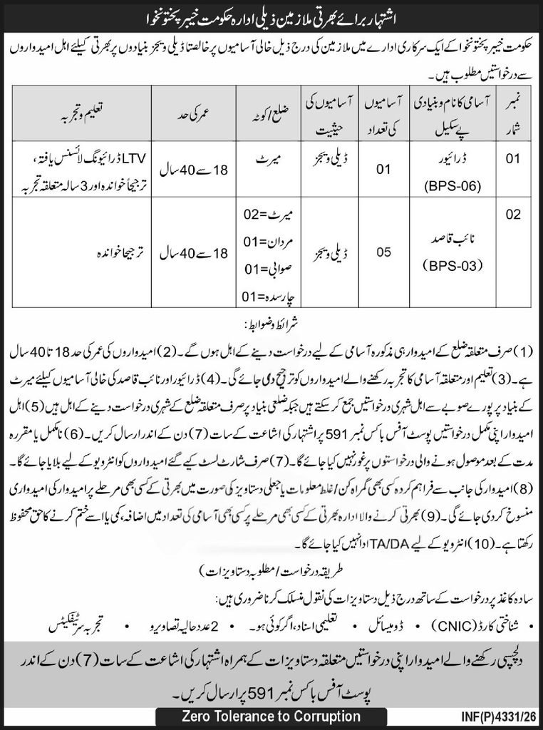 Government Jobs Khyber Pakhtunkhwa 2026 Driver and Naib Qasid vacancies advertisement