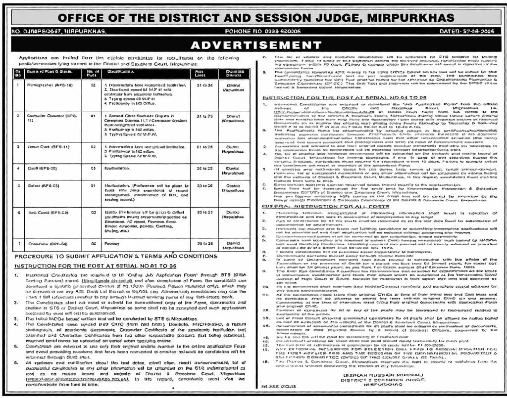 District and Sessions Court Mirpurkhas Jobs 2026 advertisement