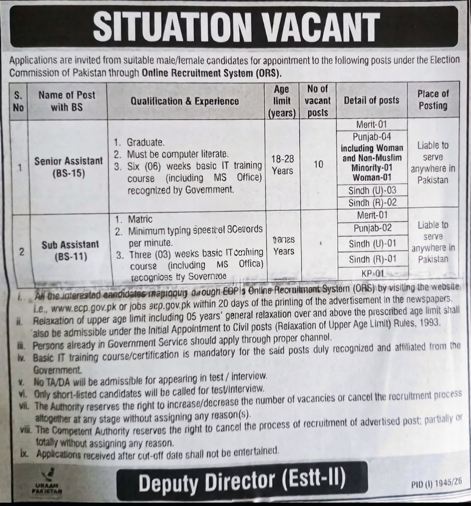 Election Commission of Pakistan Jobs 2026 Senior Assistant and Sub Assistant advertisement