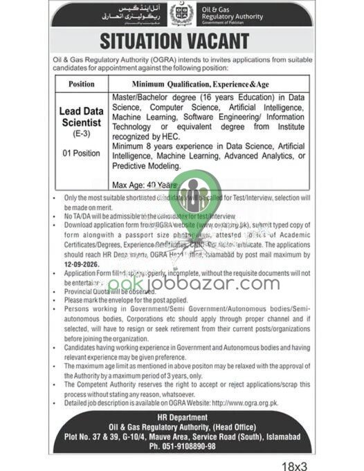 OGRA Jobs 2026 Scientist Lead Data vacancy advertisement