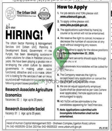 The Urban Unit Jobs 2026 Advertisement – Research Associate Vacancies